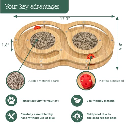 Pfotenolymp Juguete Interactivo Gato de Madera – Juguetes para Gatos de Cartón Corrugado – Rascador Gato Cartón – Rascador Gato – Juguete con Pelota de Juego y Hierba Gatera