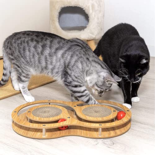 Pfotenolymp Juguete Interactivo Gato de Madera – Juguetes para Gatos de Cartón Corrugado – Rascador Gato Cartón – Rascador Gato – Juguete con Pelota de Juego y Hierba Gatera