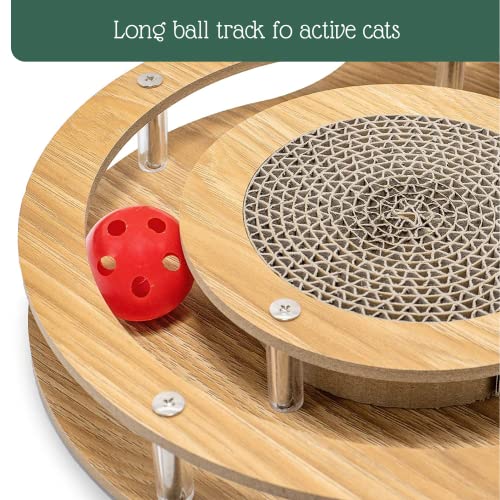 Pfotenolymp Juguete Interactivo Gato de Madera – Juguetes para Gatos de Cartón Corrugado – Rascador Gato Cartón – Rascador Gato – Juguete con Pelota de Juego y Hierba Gatera