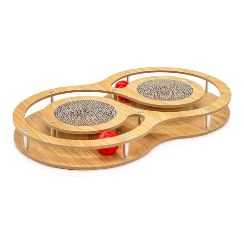 Pfotenolymp Juguete Interactivo Gato de Madera – Juguetes para Gatos de Cartón Corrugado – Rascador Gato Cartón – Rascador Gato – Juguete con Pelota de Juego y Hierba Gatera