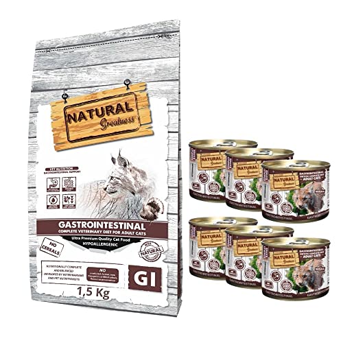 Pienso para Gatos Gastrointestinal Sin Cereales Natural Greatness + 6 Latas 200 grs | ANIMALUJOS (Saco 1,5 Kg + 6 Latas)