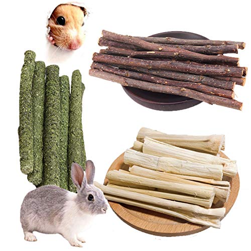 PINVNBY Hamster Masticar Juguetes Natural Orgánica Manzana Madera Rama Pequeños Animales Dulce Bambú Timothy Club Molar Palos para Conejos Chinchilla Cochinillos Guineas Gerbilos 300g