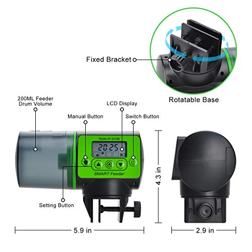Podazz alimentador automatico Acuario de Peces para Acuario, a Prueba de Humedad Temporizador de Tanque de Acuario dispensador de Alimentos para días Festivos y Fines de Semana - Verde Claro