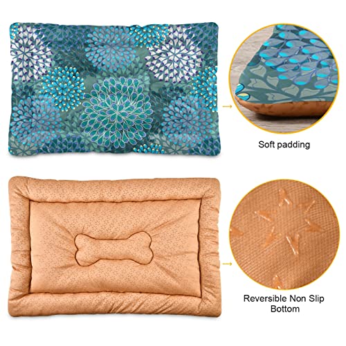 Poeticcity Alfombra de cama para perros y gatos, diseño floral, color azul verde turquesa, suave, cojín de colchón para mascotas pequeñas y medianas, antideslizante, lavable y seco, 36 x 24 pulgadas