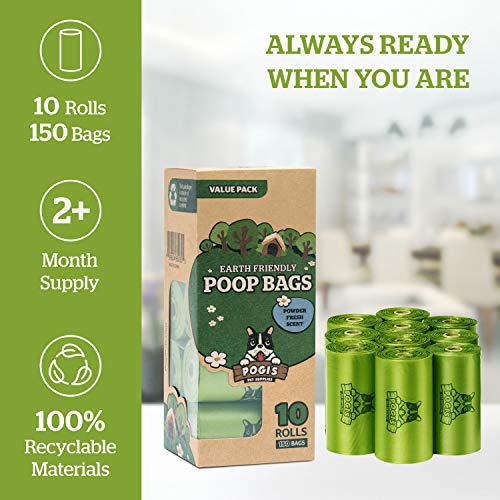 Pogi's Poop Bags - Bolsas para excremento de Perro - 10 Rollos (150 Bolsas) - Grandes, Biodegradables, Perfumadas, Herméticas