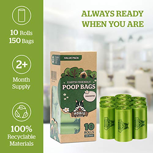 Pogi's Poop Bags - Bolsas para excremento de Perro - 10 Rollos no perfumados (150 Bolsas) - Grandes, Biodegradables, Herméticas
