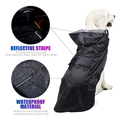 POPETPOP Chubasquero con Capucha para Perros Medianos y Grandes, Sudaderas Impermeable, Agujero para Arnés, Tira Reflectante, Bolsillos (Negro, 5XL)