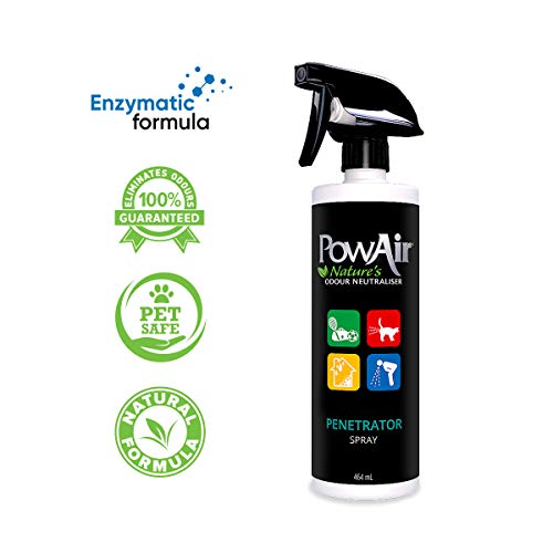 PowAir Pulverizador neutralizador de olores penetrador – Fórmula enzimática de doble acción – Elimina olores incluyendo orina de gato, orina de perro, vómito, sudor y heces – 464 ml
