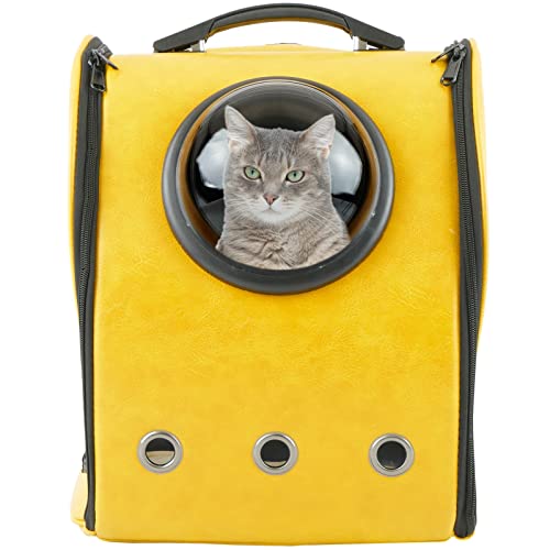 PrixPrime - Mochila para Transporte de Perros y Gatos con Ventana Astronauta de Imitación de Piel Amarilla