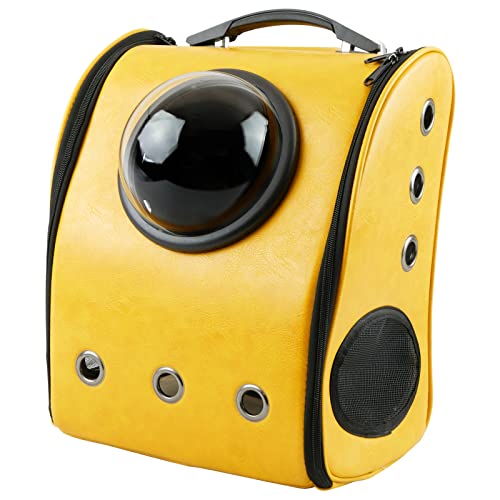 PrixPrime - Mochila para Transporte de Perros y Gatos con Ventana Astronauta de Imitación de Piel Amarilla