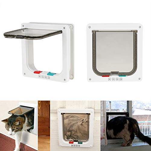 Puerta para gatos, 4 vías con cerradura para mascotas, gato, interior, exterior, puerta abatible, puerta transparente magnética con cerradura para perros pequeños para gatitos, perros pequeños