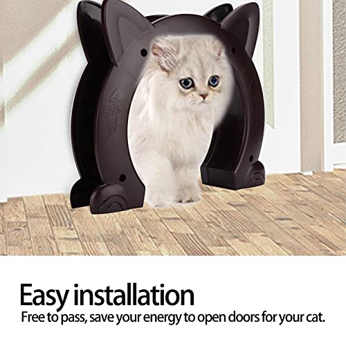 Puerta para gatos, diseño sin barreras, interior con forma de cabeza de gato, puerta de plástico para paso de gato con patrón de hueso de pez, para gato(marrón)