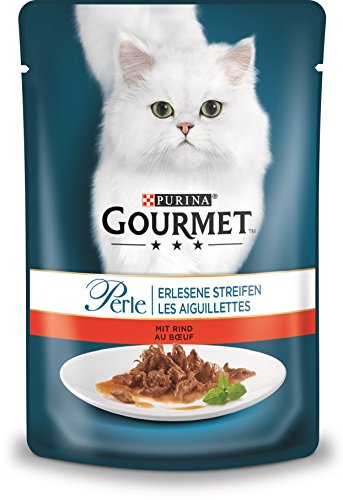 PURINA Gourmet Perle - Comida húmeda para Gatos en Tiras con Vacuno, 24 Unidades (24 x 85 g)