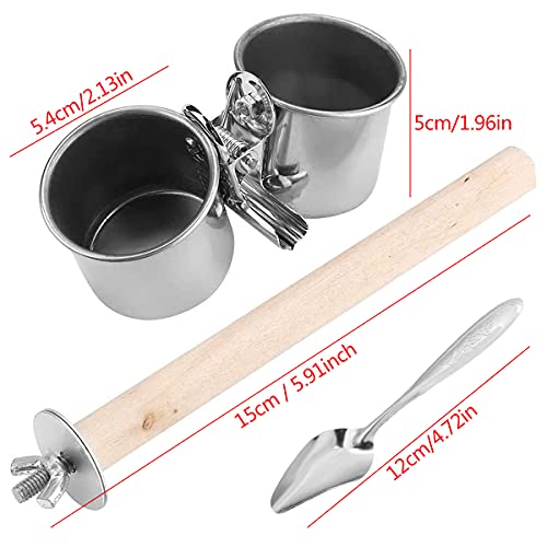 Qixuer 2 Piezas Taza de Alimentación de Loros,Comedero para Pájaros de Acero Inoxidable Cuenco de Comida Colgante con 2 Piezas de Acero Inoxidable Alimentación Parrot Cuchara para Loros de Aves