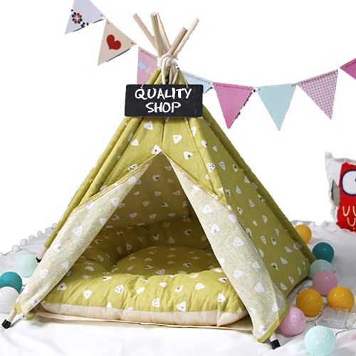 Quality Shop Cama para perro y gato con cojín Tienda de campaña portátil de lona para cachorros de casa pequeña extraíble y lavable, cama de gato, tienda de campaña de viaje (pequeño, amarillo)