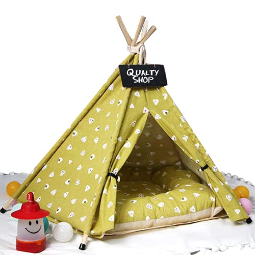 Quality Shop Cama para perro y gato con cojín Tienda de campaña portátil de lona para cachorros de casa pequeña extraíble y lavable, cama de gato, tienda de campaña de viaje (pequeño, amarillo)