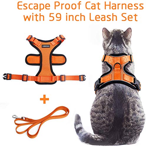 rabbitgoo Arnes Gato Antiescape,Arnés para Gato con Correa 150cm Arnes Gato Ajustable con Reflectantes de Tela de Malla Suave y Transpirable para Caminar,Entrenar,Gato Mediano y Pequeño S Naranja