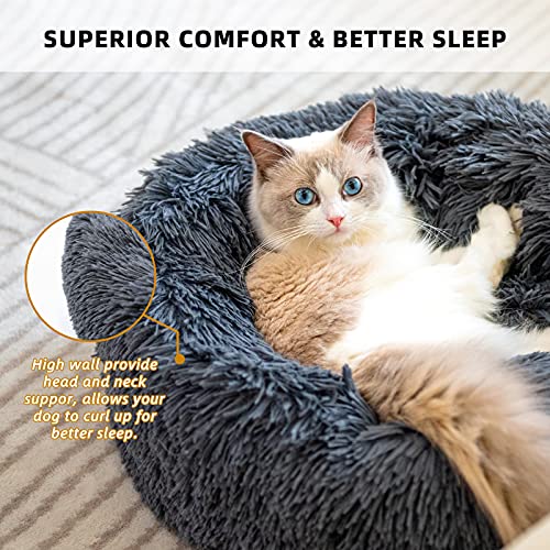 RAINBEAN Pet Bed for Cats and Dogs Plush Round Sofa Cushion Basket Donut Pet Bed Warm Calming Cuddler Kennel Soft Puppy Sleeping Nest,Dark Grey(40cm) …