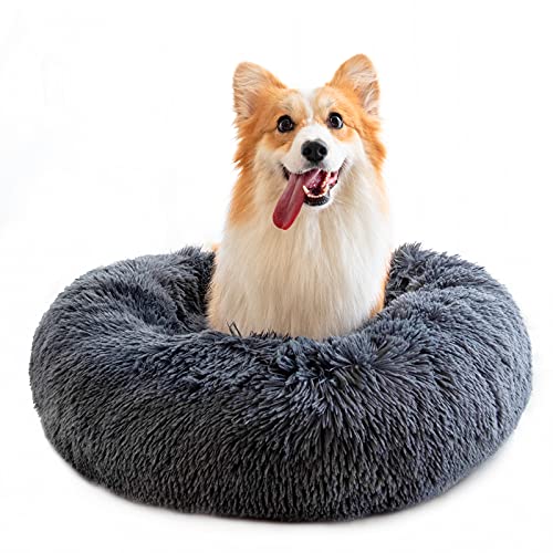 RAINBEAN Pet Bed for Cats and Dogs Plush Round Sofa Cushion Basket Donut Pet Bed Warm Calming Cuddler Kennel Soft Puppy Sleeping Nest,Dark Grey(40cm) …