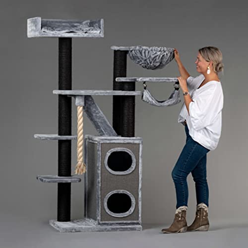 Rascador grande para gatos XXL Cat Penthouse Blackline Crown gris claro, árbol rascador para gatos grandes para maine coon, gato pesado, trepador para rascar muebles gruesos