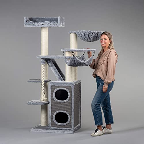 Rascador grande para gatos XXL Cat Penthouse Crown gris claro, árbol rascador para gatos grandes para Maine Coon, árbol para gatos pesados, trepar y rascar muebles gruesos