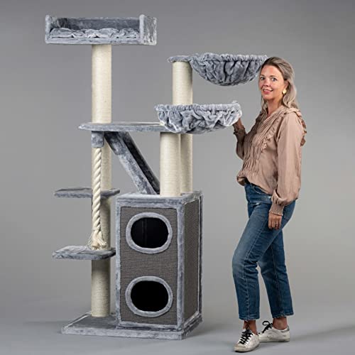 Rascador grande para gatos XXL Cat Penthouse Plus, color gris claro, árbol rascador para gatos Maine Coon, árbol para gatos grandes, árbol pesado, gato trepador para rascar muebles gruesos