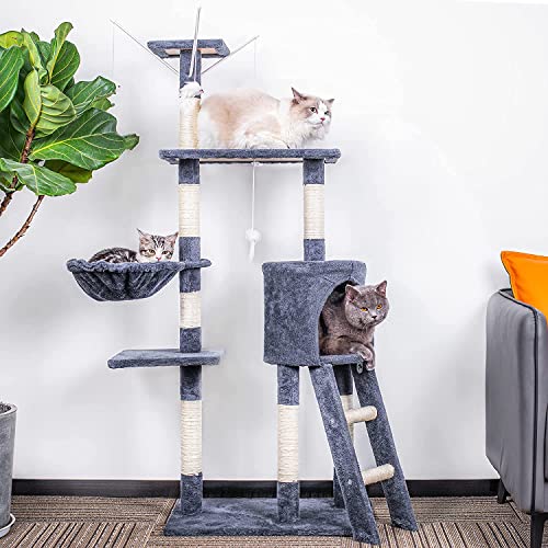 Rascador para Gatos Grandes, Árbol Rascador Escalador para Gatos, Árbol para Gatos Rascador Grande con Nidos Plataformas Casetas Ratón de Juego, para Jugar y Descansar en Interiores (Gris)