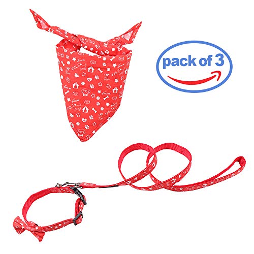 Rayzm Collar de Algodón/Correa y Pañuelo Set de 3PC para Perros Pequeños, Collar con Pajarita Extraíble, Bandana de Cuello Ajustable para Perros, Gatos y Mascotas（XS）