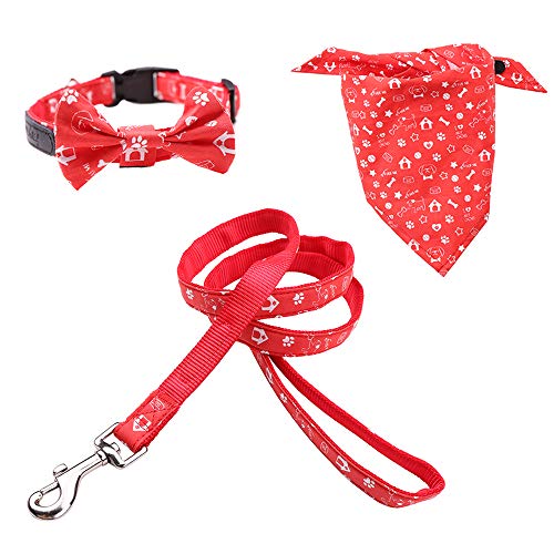 Rayzm Collar de Algodón/Correa y Pañuelo Set de 3PC para Perros Pequeños, Collar con Pajarita Extraíble, Bandana de Cuello Ajustable para Perros, Gatos y Mascotas（XS）