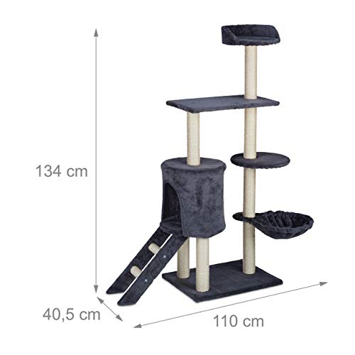 Relaxdays 10028593_111 - Rascador para Gatos, con Cueva, Hueco para tumbarse y Escalera, Torre para Gatos XL, Dimensiones: 134 x 110 x 40,5 cm, árbol para Gatos, Gris, Gris