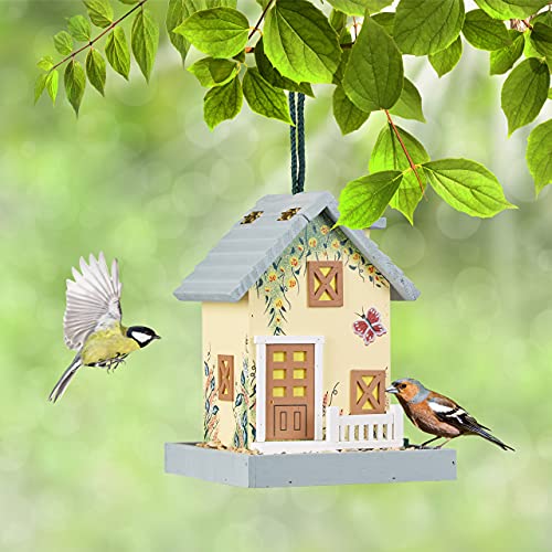 Relaxdays Comedero Pájaros, Madera, Alimentador Colgante Aves Silvestres, Casita, 23,5x18x18cm, Semillas, Multicolor