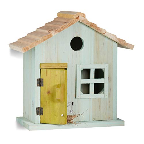 Relaxdays Nistkasten, Vogelhäuschen, Tür, Fenster, Holz, Kleines Flugloch, Singvögel Caja Nido Mediana en Forma de Casa, Azul, 13x25.8x25.5 cm