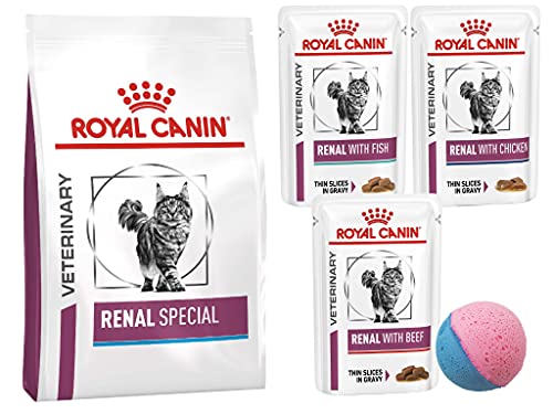 Renal Special Cat Food | Comida seca 400g, Pescado 85g, Pollo 85g, Carne 85g | Paquete de 4 con bola de juguete gratis