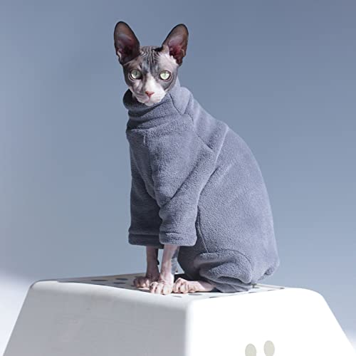 Ropa de Gato sin Pelo de Alto Estiramiento de otoño e Invierno, Fleece de Cuatro Patas Engrosado turbulento Mono de Cuello Alto, Adecuado para esfinge, Gato alemán, etc, 5 tamaños(L, Gray)