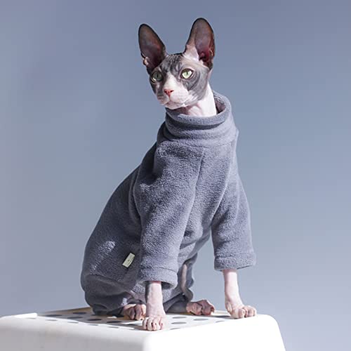 Ropa de Gato sin Pelo de Alto Estiramiento de otoño e Invierno, Fleece de Cuatro Patas Engrosado turbulento Mono de Cuello Alto, Adecuado para esfinge, Gato alemán, etc, 5 tamaños(L, Gray)