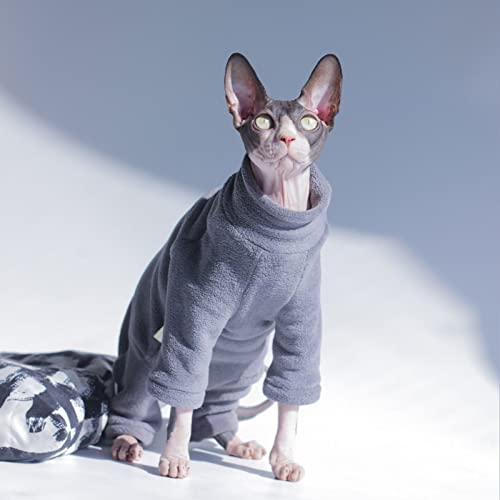 Ropa de Gato sin Pelo de Alto Estiramiento de otoño e Invierno, Fleece de Cuatro Patas Engrosado turbulento Mono de Cuello Alto, Adecuado para esfinge, Gato alemán, etc, 5 tamaños(L, Gray)