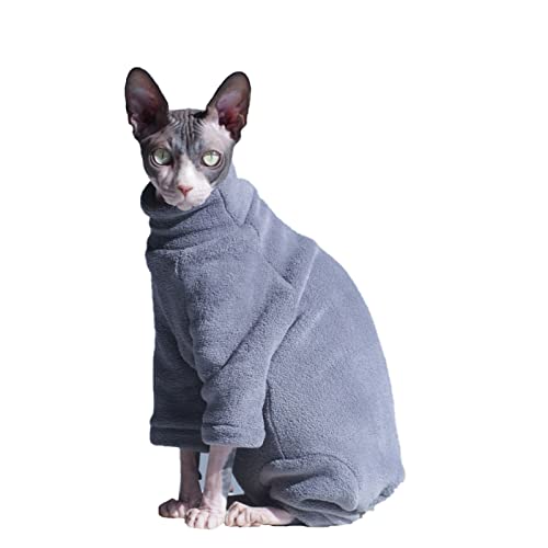 Ropa de Gato sin Pelo de Alto Estiramiento de otoño e Invierno, Fleece de Cuatro Patas Engrosado turbulento Mono de Cuello Alto, Adecuado para esfinge, Gato alemán, etc, 5 tamaños(L, Gray)
