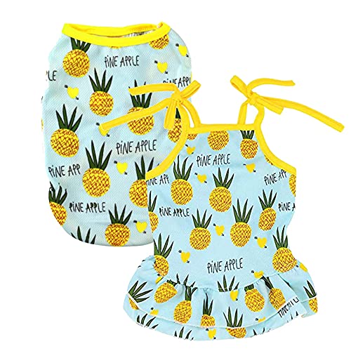 Ropa para perros, paquete de 2 camisas para perros, lindos vestidos para cachorros, falda transpirable sin mangas para perros, vestido de gato, camiseta con estampado de piña en la playa hawaiana
