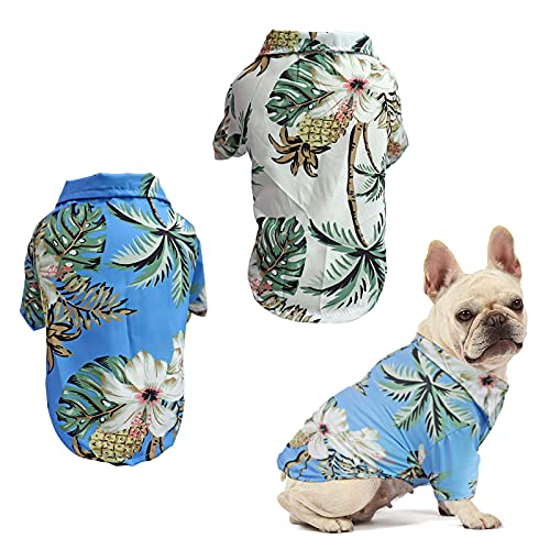 RoxNvm Camiseta de Verano para Perros, Camisas de Perro Hawaiano, Playera para Perros Estilo Resort de Playa, Ropa de Perro Transpirable de Moda para Cachorros, 2 Piezas, Azul y Blanco (Medio)