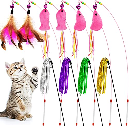 Ruitena - Juguetes Plumas de Gatos Interactivo con Campanas para Gatos y Gatitos Varita de Juguetes para Gatos Plumas Interactivos(10pcs)