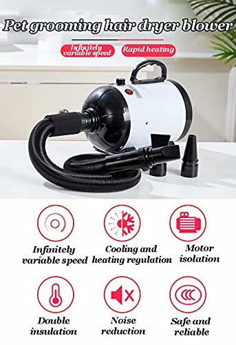 SABYDICAR Secador de Pelo para Mascotas de 1200 W, soplador de Aseo para Perros y Gatos con Manguera de 2,3 my 3 boquillas, bajo Nivel de Ruido/Calentador de Temperatura Ajustable/Velocidad Variable