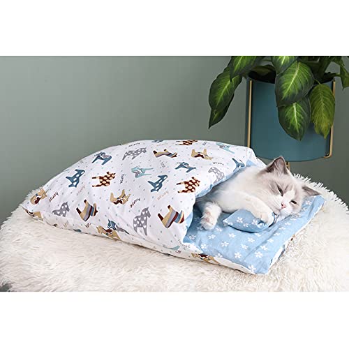 Saco de dormir para gatos, cama y almohada suave para mascotas, bolsa de dormir rectangular con estampado de dibujos animados para perros y gatos, camas lavables para gatos pequeñas (azul, pequeño)