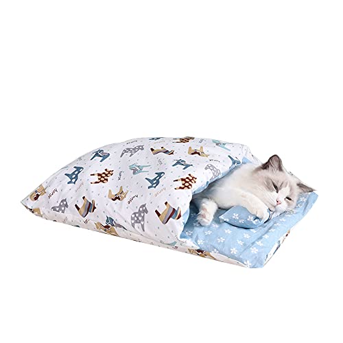 Saco de dormir para gatos, cama y almohada suave para mascotas, bolsa de dormir rectangular con estampado de dibujos animados para perros y gatos, camas lavables para gatos pequeñas (azul, pequeño)