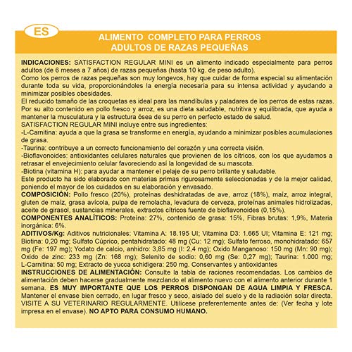 Satisfaction Regular Mini 3 KG - para perros adultos (de 6 meses a 7 años) de razas pequeñas (hasta 10 Kg de peso adulto).