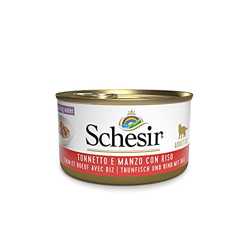Schesir, Comida húmeda para Gatos Adultos, Sabor bacoreta con filetes de Carne de Buey en gelatina Blanda - Total 2 kg (24 latas monodosis x 85 gr)