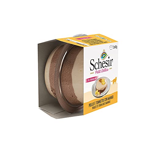 Schesir Petit Delice, Comida Húmeda para Gatos Adultos, Sabor Pollo Y Bacoreta con Mango, Preparada En Delicado Paté - Total 960 Gr (24 Tarrinas X 40 Gr)