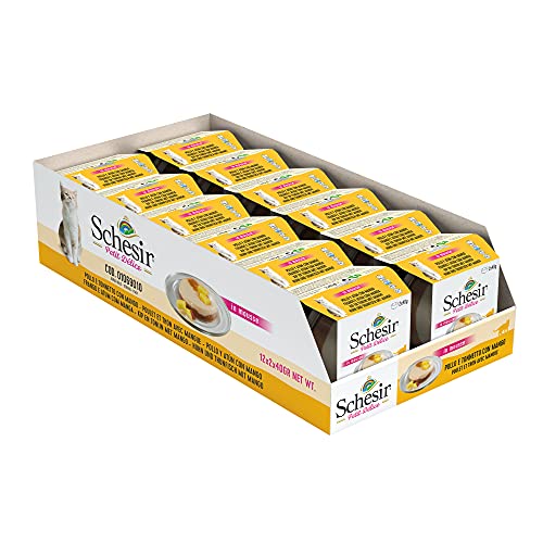 Schesir Petit Delice, Comida Húmeda para Gatos Adultos, Sabor Pollo Y Bacoreta con Mango, Preparada En Delicado Paté - Total 960 Gr (24 Tarrinas X 40 Gr)
