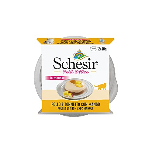 Schesir Petit Delice, Comida Húmeda para Gatos Adultos, Sabor Pollo Y Bacoreta con Mango, Preparada En Delicado Paté - Total 960 Gr (24 Tarrinas X 40 Gr)