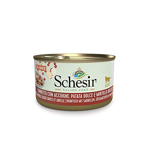 Schesir Salads Pokè, Comida Húmeda para Gatos Adultos, Sabor Bacoreta con Anchoas, Batata Y Arándanos, Filetes En Salsa - Total 2,04 Kg (24 Latas X 85 Gr)