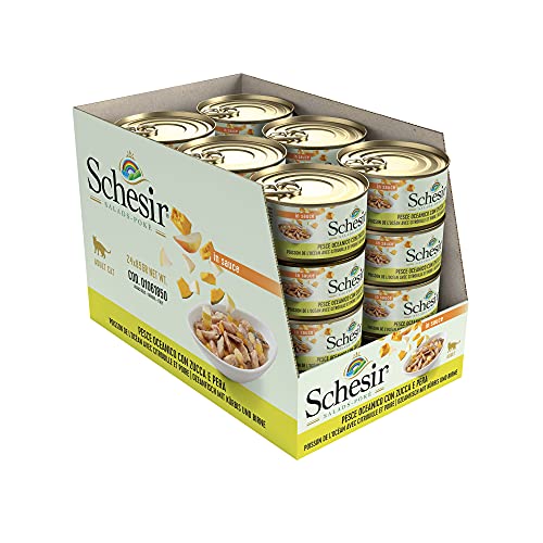 Schesir Salads Pokè, Comida Húmeda para Gatos Adultos, Sabor Pescado Oceánico con Calabaza Y Pera, Filetes En Salsa - Total 2,04 Kg (24 Latas X 85 Gr)